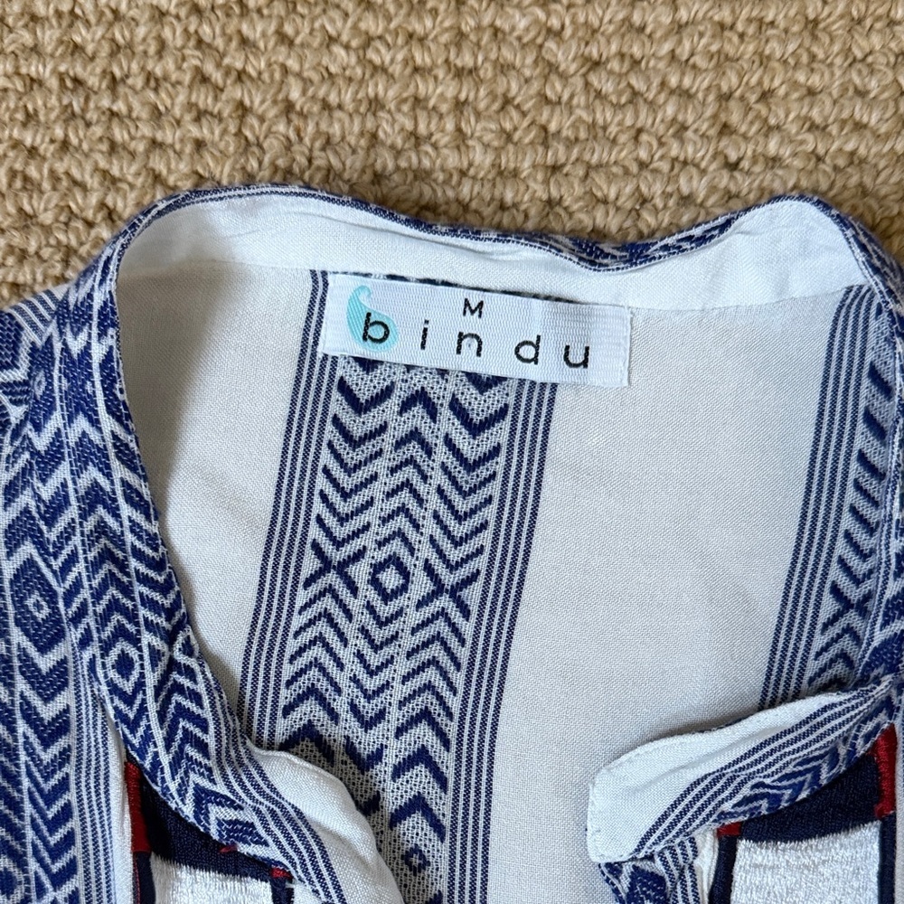 Bindu Blue White Boho Romper Embroidered Tassel Drawstring M Pockets - Picture 2 of 7